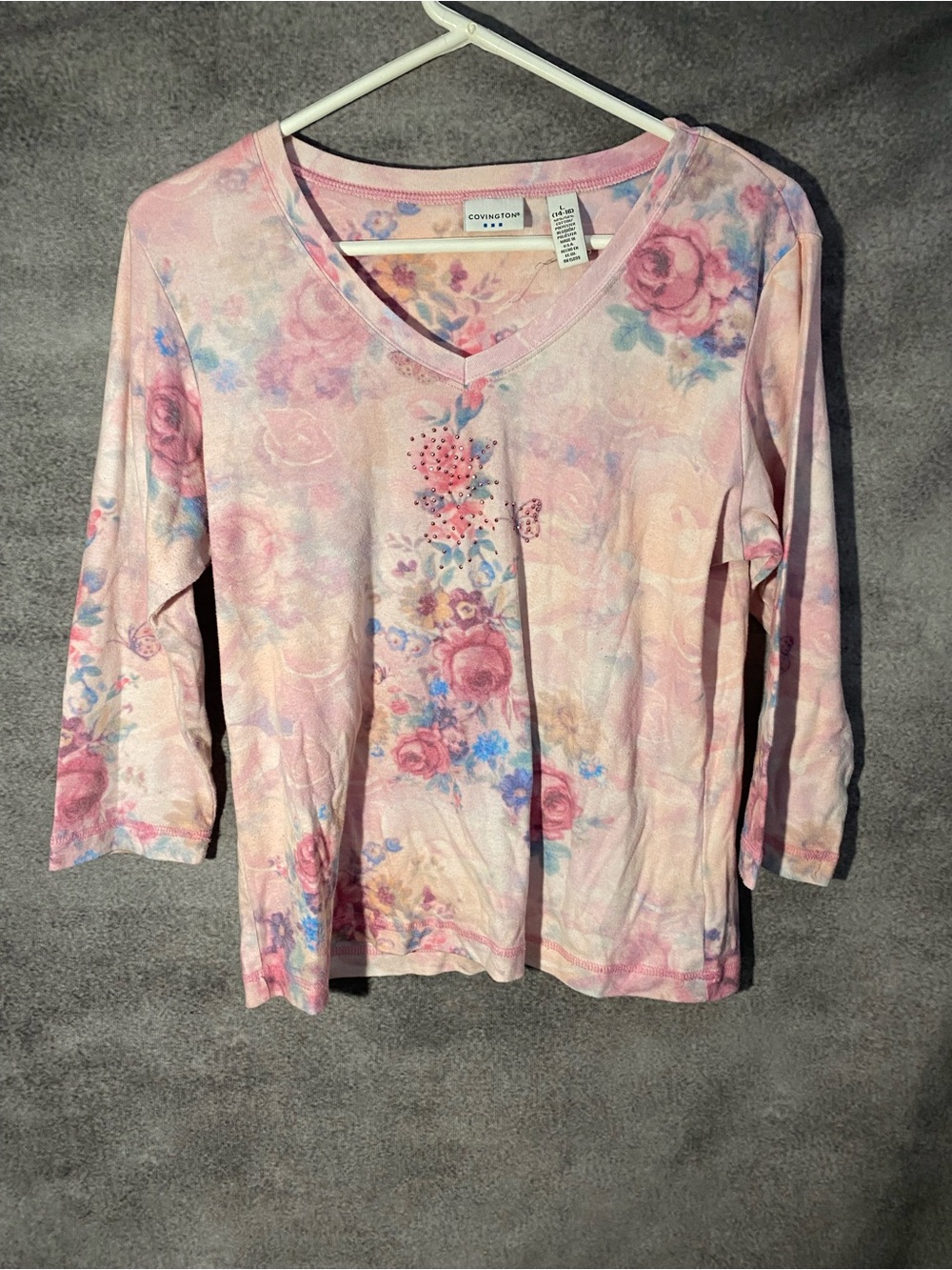 Covington Vintage Floral V-Neck 3/4 Sleeve Top Women's L Pink Rhinestone USA